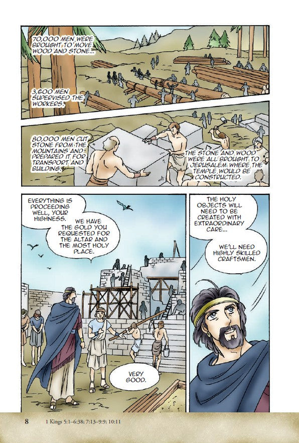 Manga Messengers – Christian Manga Bible Stories About Prophets | Bible Study Book for Kids, Teens & Young Adults. Comic strip depicting construction work and a character with a beard and robe.
