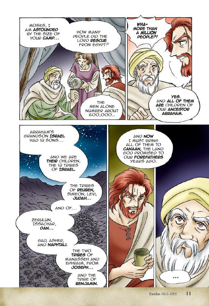 Manga Melech | The Story of Israel's Kings – Bible Manga for Teens & Young Adults. Interior manga strip with characters discussing historical biblical events – Manga Melech Bible manga for teens ages 13–18