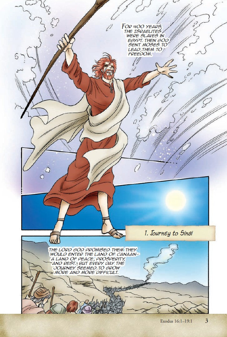 Manga Melech | The Story of Israel's Kings – Bible Manga for Teens & Young Adults. Interior manga panel of a robed character holding a staff under a blue sky – Manga Melech Bible manga for teens ages 13–18