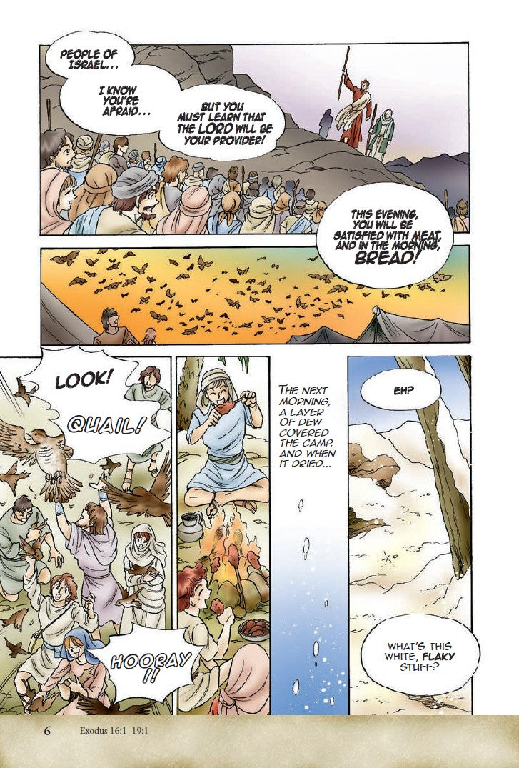 Manga Melech | The Story of Israel's Kings – Bible Manga for Teens & Young Adults. Interior manga panel with biblical scene featuring people and birds – Manga Melech Bible manga for teens ages 13–18