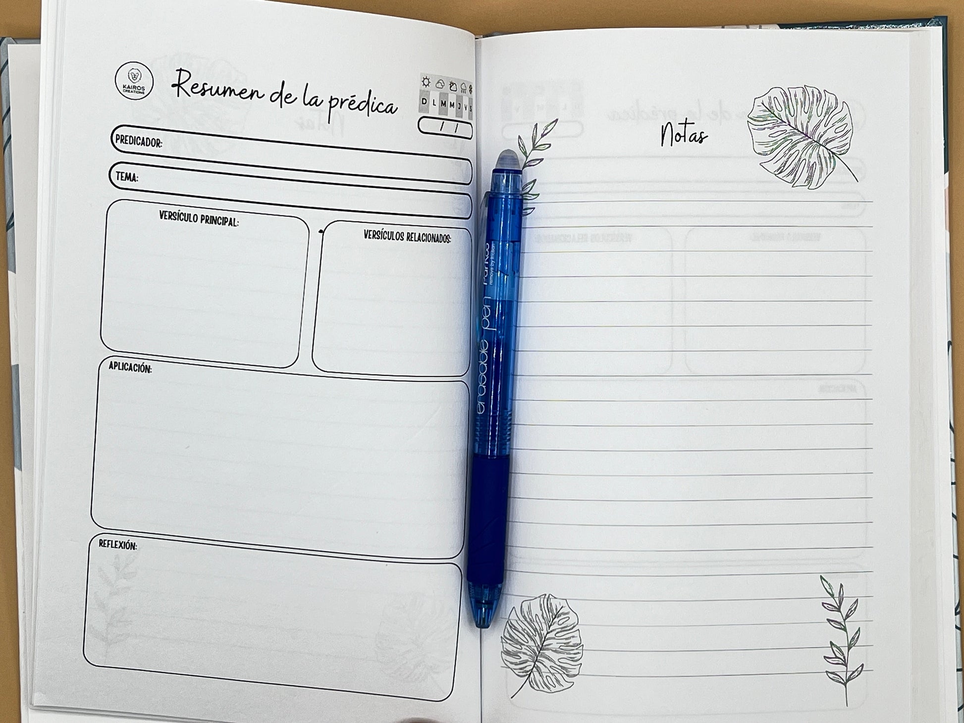 Ministry Leader Bundle – Spanish Edition | Devotional Journal, Preaching Notebook & Bible Study Guide. Open interior pages of the preaching notebook from the Ministry Leader Bundle – Spanish Christian sermon preparation notebook for pastors and ministry leaders