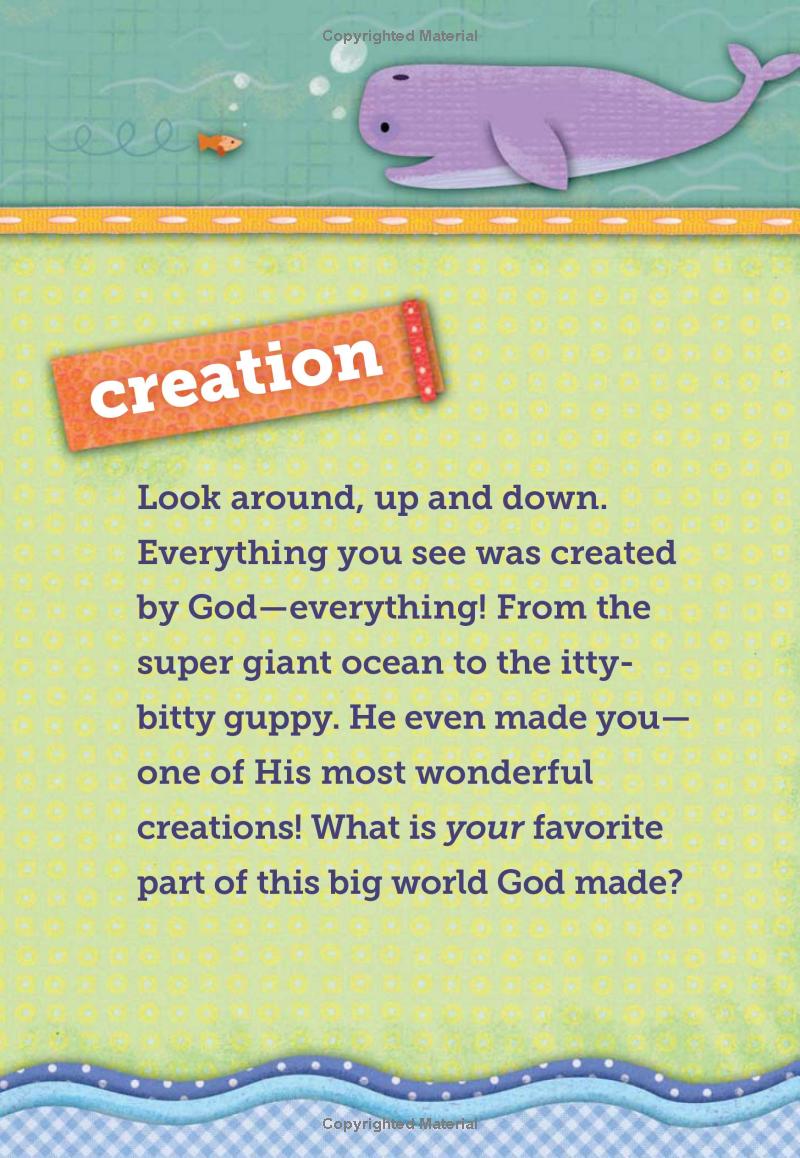 My Little Words Devotional – Little Words Matter Board Book #1 – First Bible Devotions for Toddlers. Children's book page with a whale illustration and text about creation.