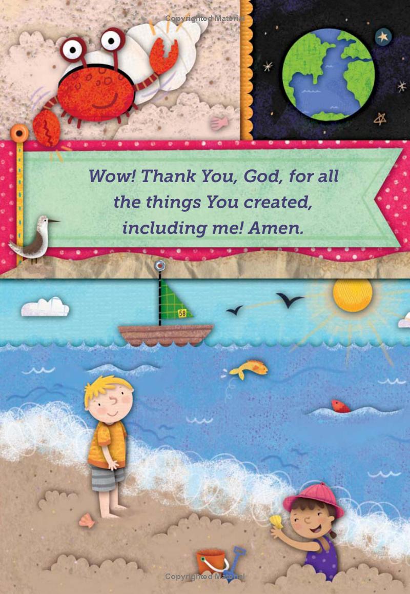 My Little Words Devotional – Little Words Matter Board Book #1 – First Bible Devotions for Toddlers. Children's book illustration with a crab, Earth, and beach scene with children playing.