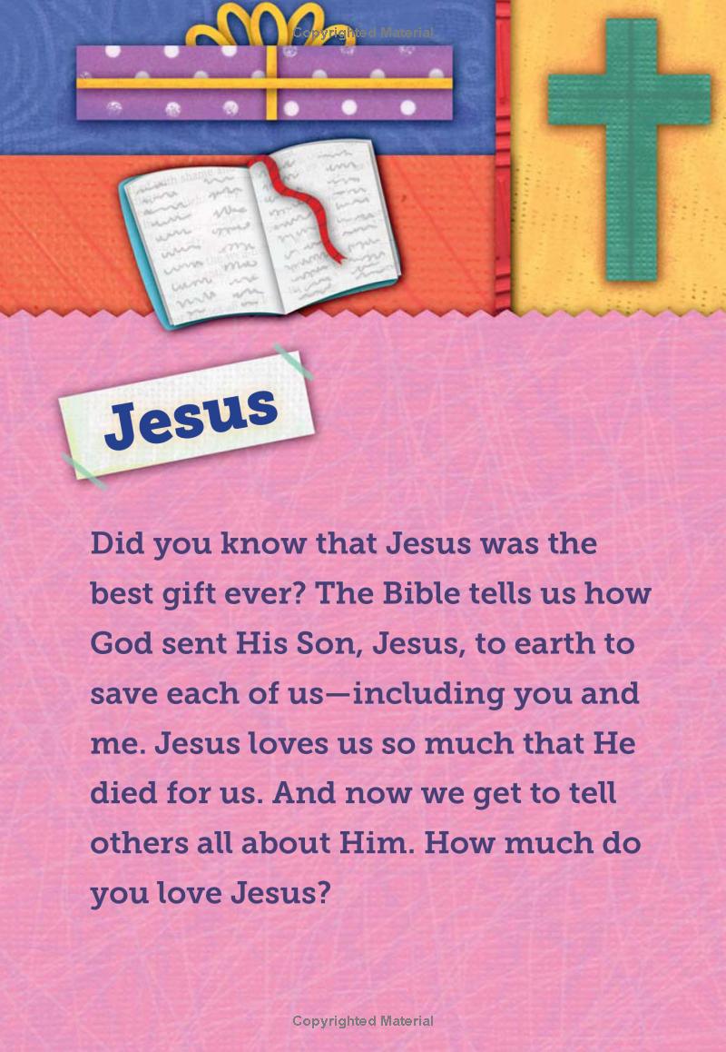 My Little Words Devotional – Little Words Matter Board Book #1 – First Bible Devotions for Toddlers. Colorful card with a Bible, gift box, and cross, featuring text about Jesus.
