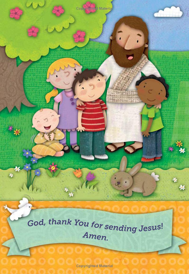 My Little Words Devotional – Little Words Matter Board Book #1 – First Bible Devotions for Toddlers. Illustration of Jesus with children and a rabbit on a colorful background