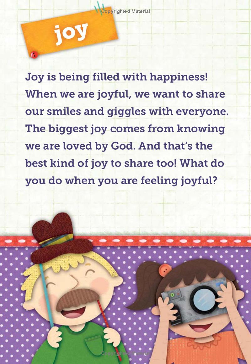 My Little Words Devotional – Little Words Matter Board Book #1 – First Bible Devotions for Toddlers. Illustration of two children laughing with a camera, accompanied by a quote about joy on a checkered background.