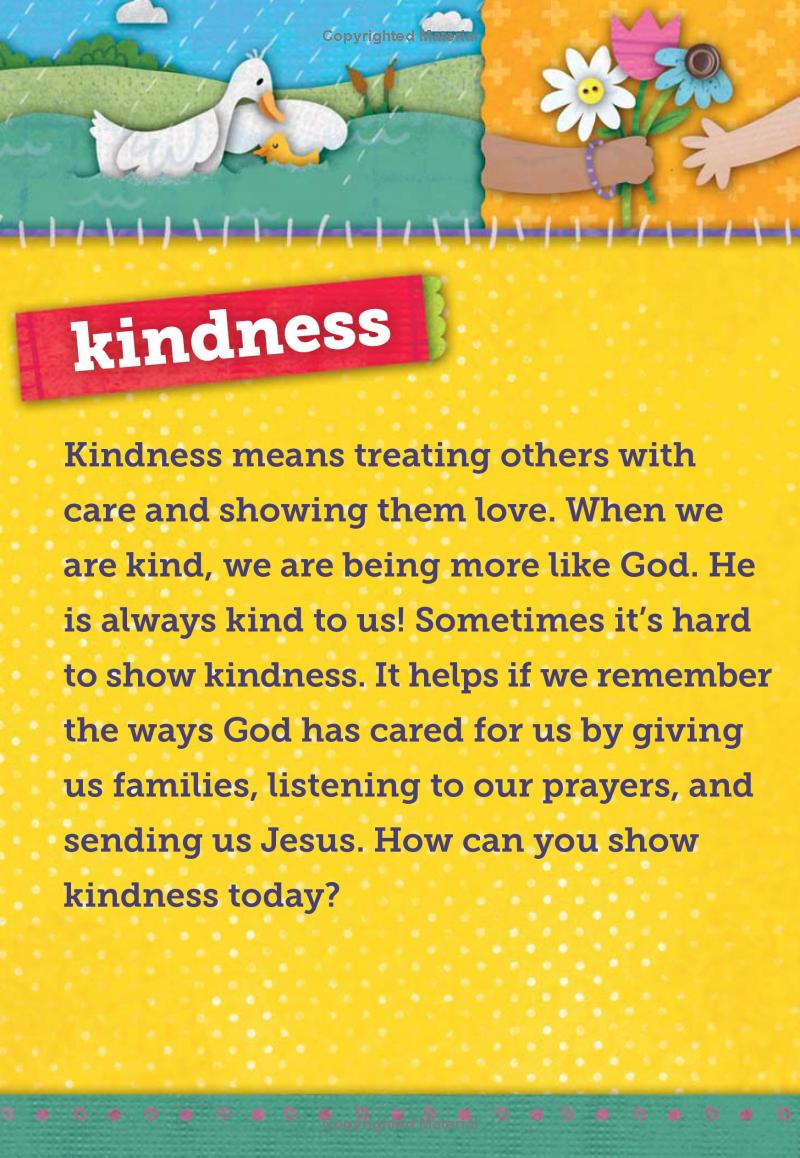 My Little Words Devotional – Little Words Matter Board Book #1 – First Bible Devotions for Toddlers. Educational card about kindness with a cartoon duck and flowers on a yellow background