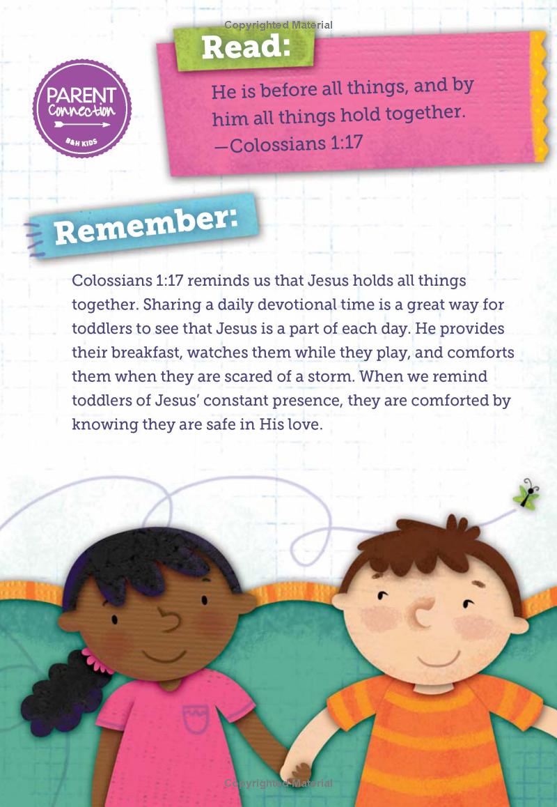 My Little Words Devotional – Little Words Matter Board Book #1 – First Bible Devotions for Toddlers. Children's educational material with Bible verse and illustrations, featuring Colossians 1:17.