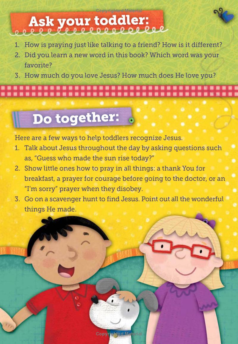 My Little Words Devotional – Little Words Matter Board Book #1 – First Bible Devotions for Toddlers. Children's book page with questions and activities for parents to engage with their toddlers about prayer and recognizing Jesus.