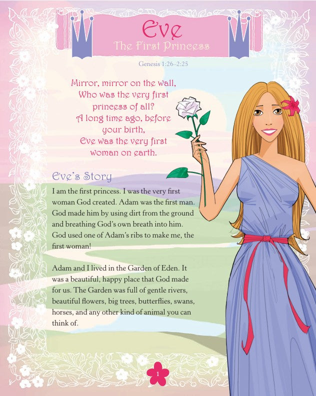 Illustration of a princess character with text about Eve, the first woman on earth, in a decorative frame.