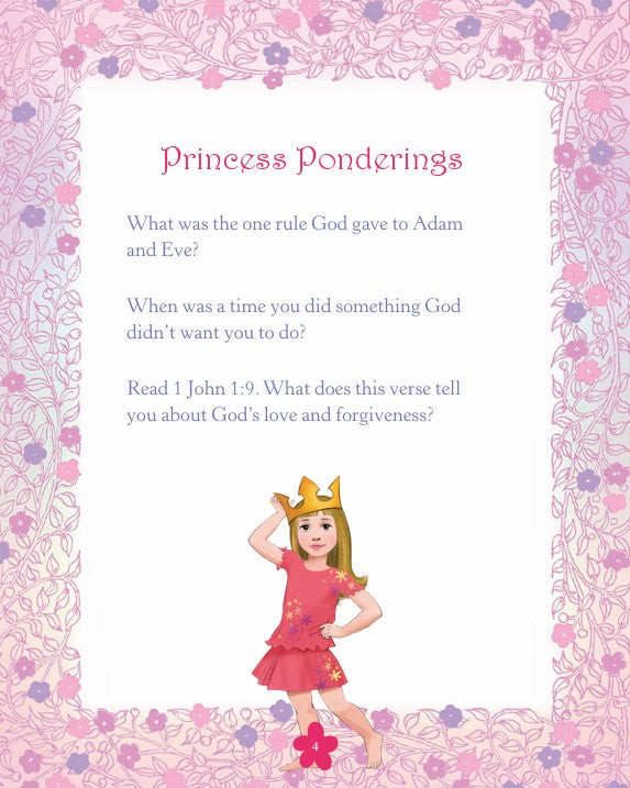 Princess-themed book cover with text and a cartoon princess character on a pink floral background.