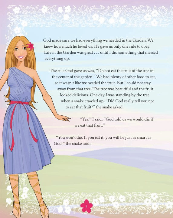 Illustration of a girl in a blue dress with a story text on a garden background