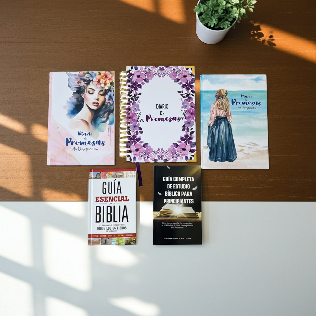 Mega Bible Study Bundle – Spanish Edition | Journals, Bible Guide & Beginner's Study Guide. New lifestyle view of the Mega Bible Study Bundle Spanish Edition – Spanish Christian devotional journals, Bible guide, and study guide for adults and families by Kairos Creations