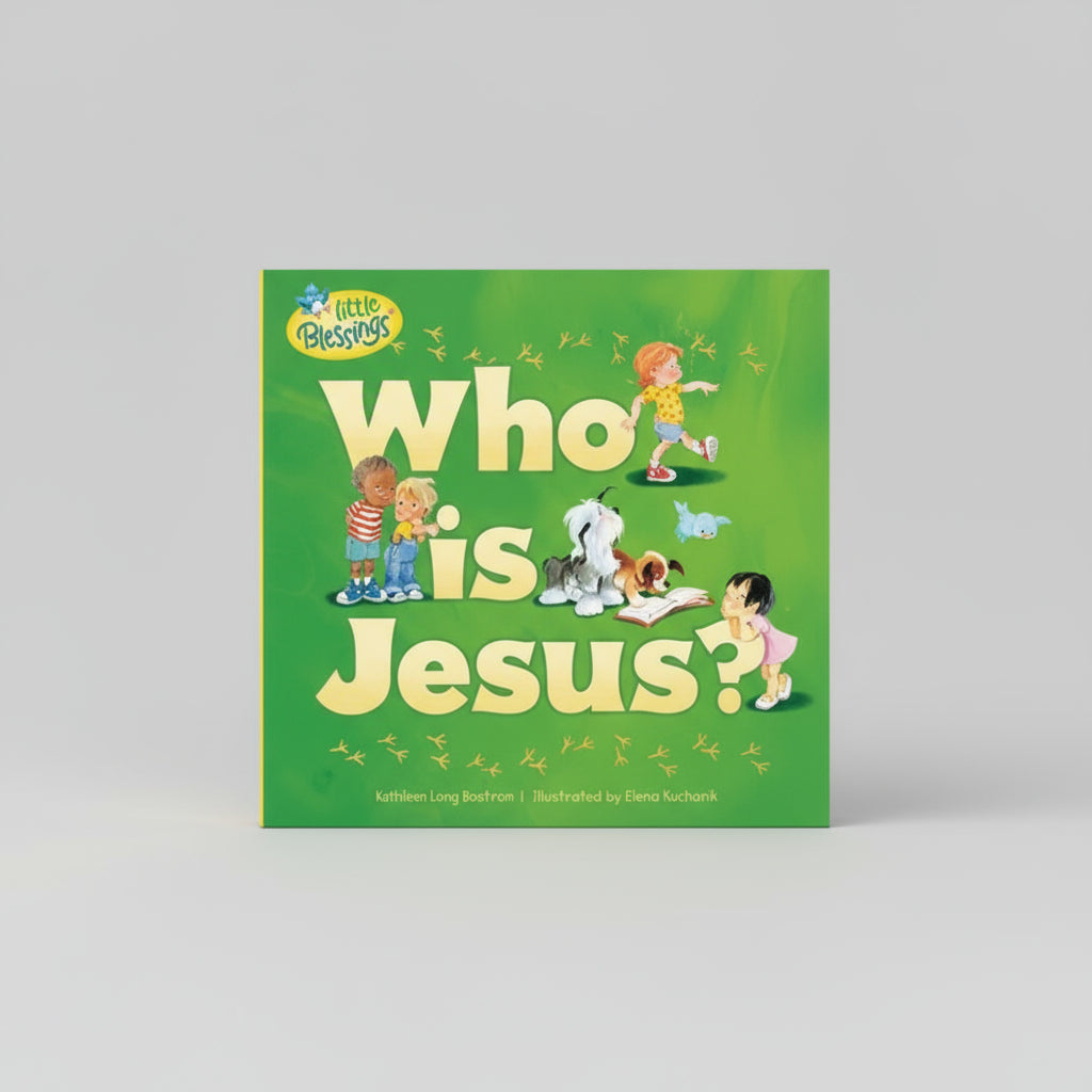 Book cover of 'Who is Jesus?' from Little Blessings with colorful illustrations on a green background.