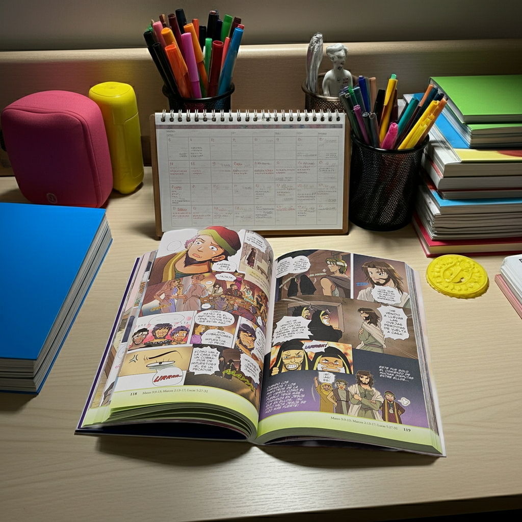 The Messiah – Manga Bible Story | Christian Graphic Novel for Teens & Young Adults - Open book on a desk with stationery items