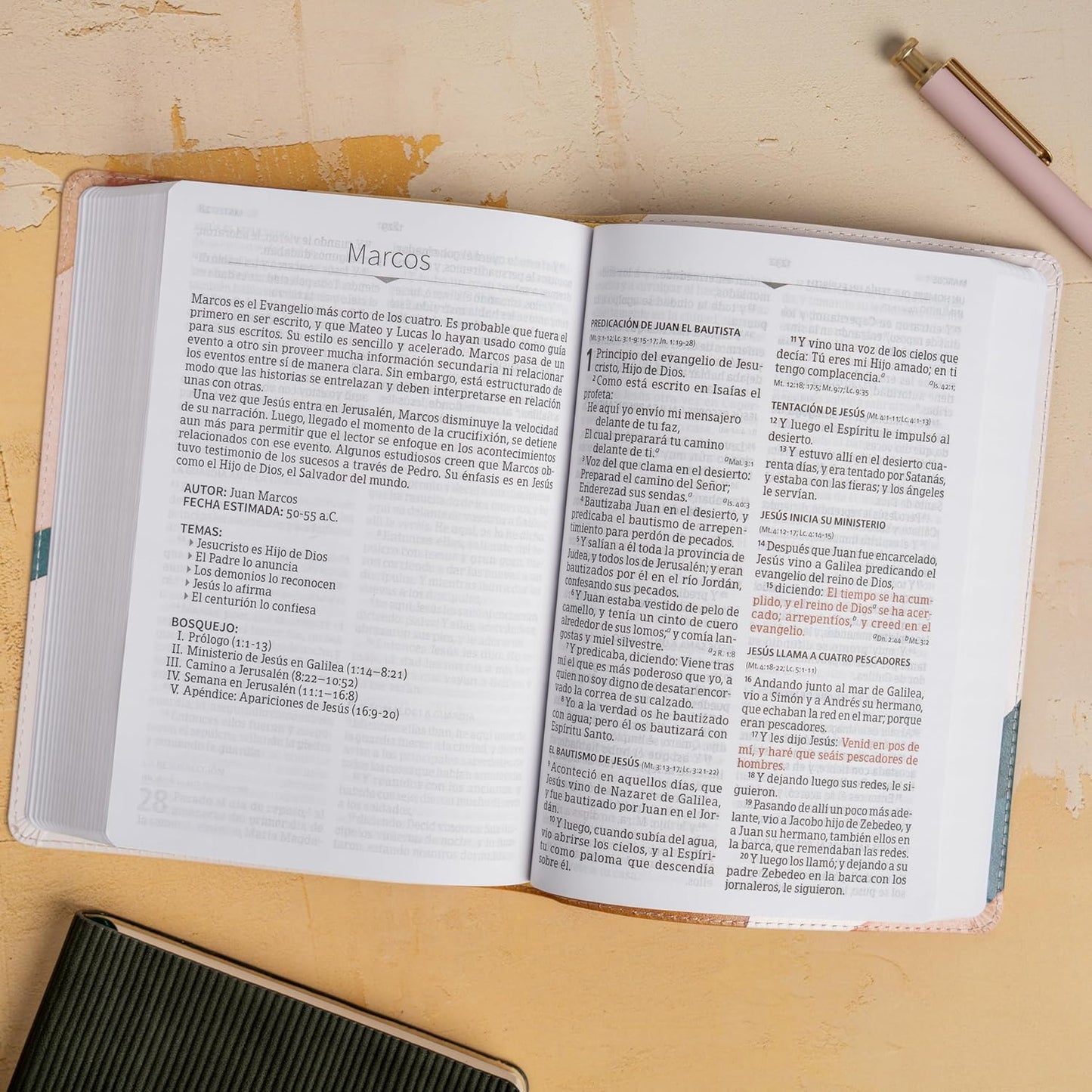 RVR 1960 Large Print Handy Size Bible – Special Watercolor Edition, Imitation Leather. Open Bible with text on a wooden surface next to a pen