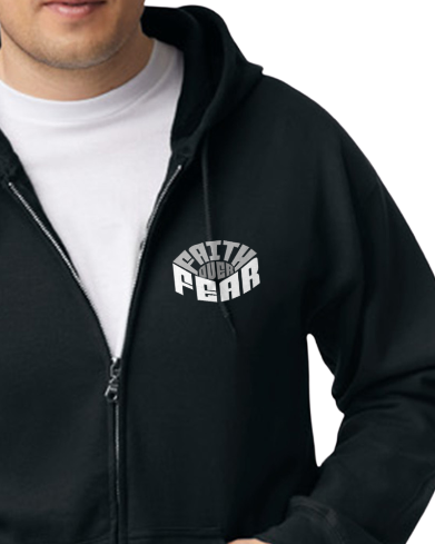 Person wearing a black hoodie with message Faith Over Fearon a white background