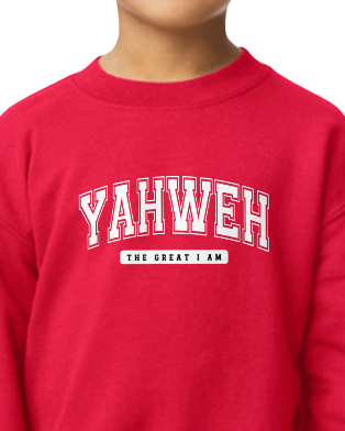 Red sweatshirt with 'YAHWEH THE GREAT I AM' text on a white background