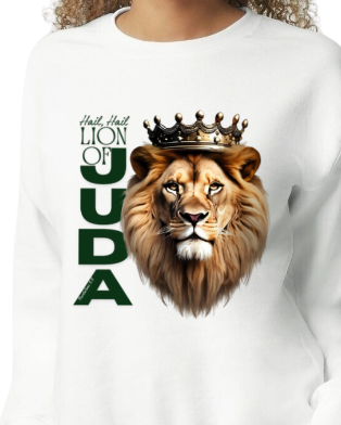 White sweatshirt with a lion graphic and 'Lion of Judah' text on a white background
