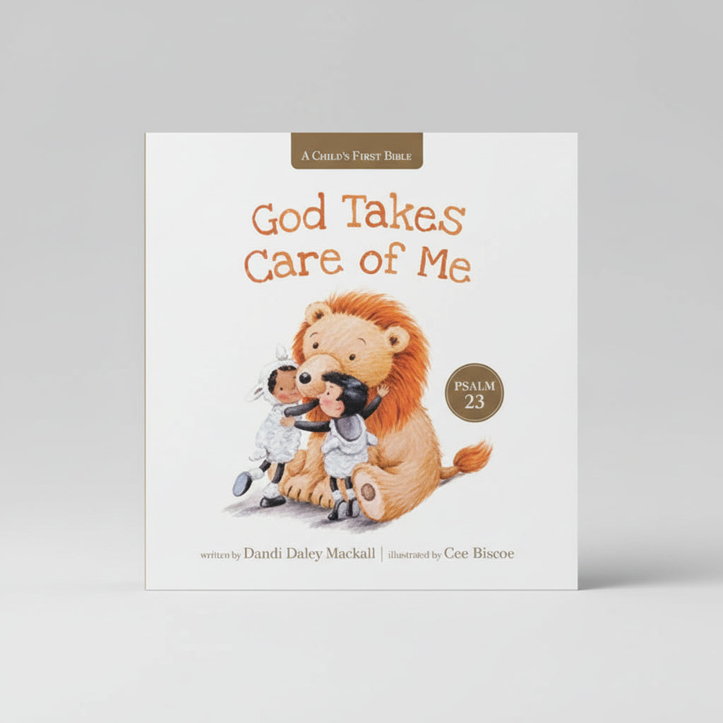 God Takes Care of Me – A Psalm 23 Storybook for Toddlers- a lion and child illustration on a white background.