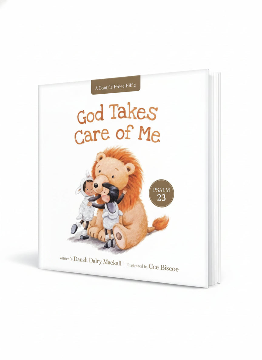 Children's book titled 'God Takes Care of Me' with a lion illustration on a white background