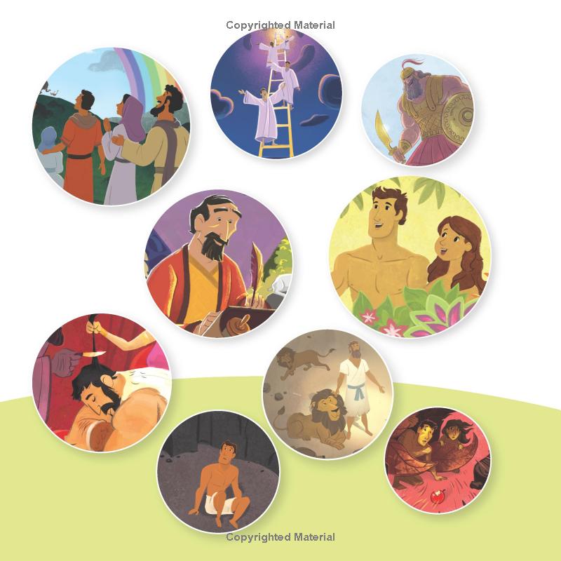 It’s All About Jesus Bible Storybook – Book #2 | 100 Stories That Reveal God’s Plan (Padded Hardcover). Set of illustrated circular images depicting various scenes with people and animals on a white background.