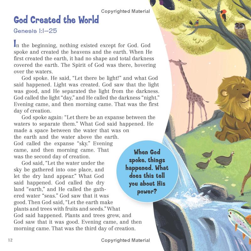 It’s All About Jesus Bible Storybook – Book #2 | 100 Stories That Reveal God’s Plan (Padded Hardcover). Page from a children's book about creation with text and illustrations.