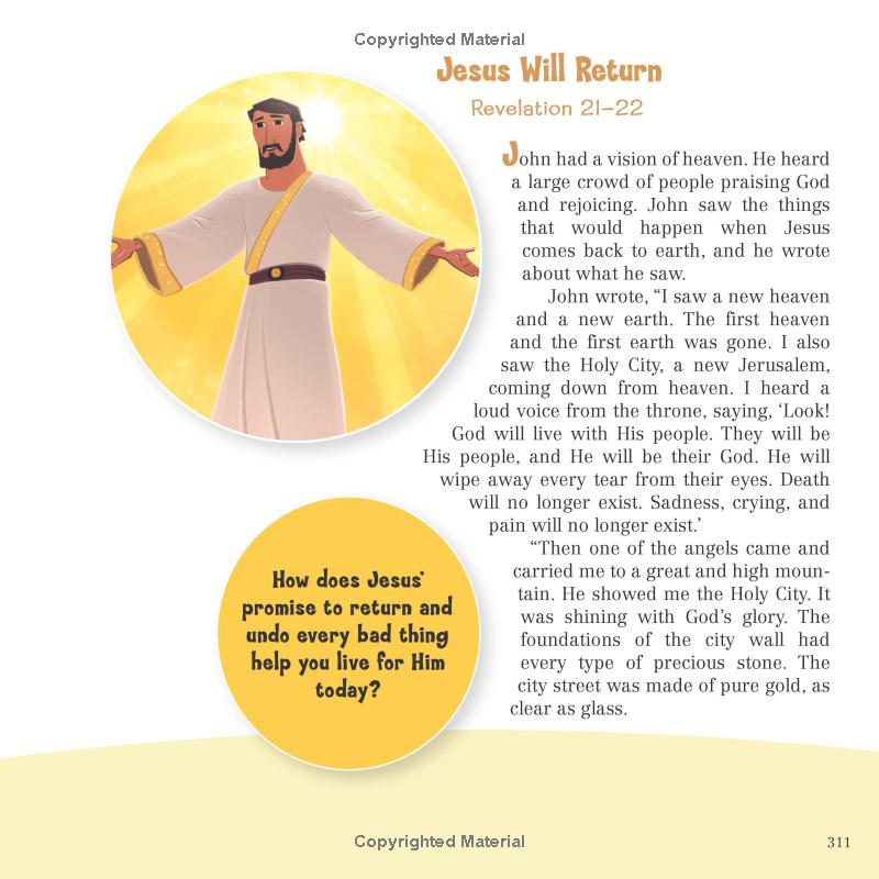 It’s All About Jesus Bible Storybook – Book #2 | 100 Stories That Reveal God’s Plan (Padded Hardcover). Illustration of Jesus with a yellow circle and text about his return in Revelation 21:22.