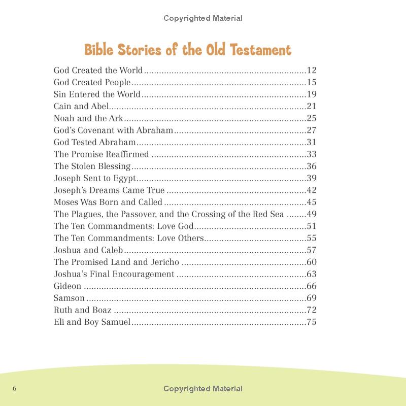 It’s All About Jesus Bible Storybook – Book #2 | 100 Stories That Reveal God’s Plan (Padded Hardcover). Table of contents for 'Bible Stories of the Old Testament' with chapter titles and page numbers.