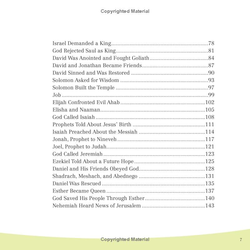 It’s All About Jesus Bible Storybook – Book #2 | 100 Stories That Reveal God’s Plan (Padded Hardcover). Table of contents page with chapter titles and page numbers on a white background