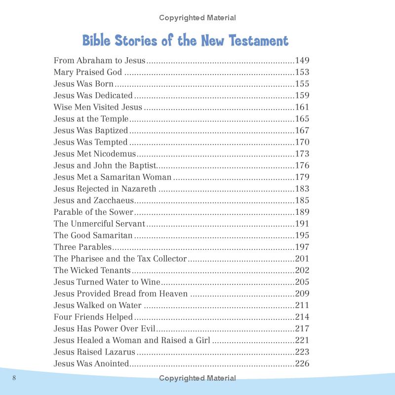 It’s All About Jesus Bible Storybook – Book #2 | 100 Stories That Reveal God’s Plan (Padded Hardcover). Table of contents for 'Bible Stories of the New Testament' with chapter titles and page numbers.