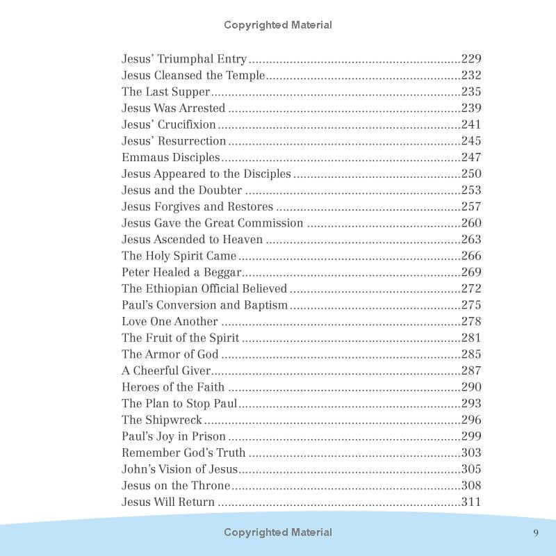 It’s All About Jesus Bible Storybook – Book #2 | 100 Stories That Reveal God’s Plan (Padded Hardcover). Table of contents page with chapter titles and page numbers on a white background.