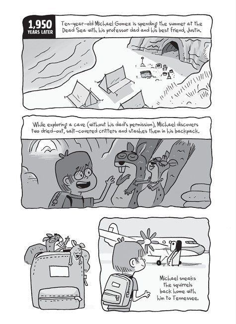 Book 7 – Merle of Nazareth – The Dead Sea Squirrels | Christian Adventure for Kids. Interior comic strip with black and white illustrations and story text about a boy and his creatures – Dead Sea Squirrels chapter book for kids ages 6–10