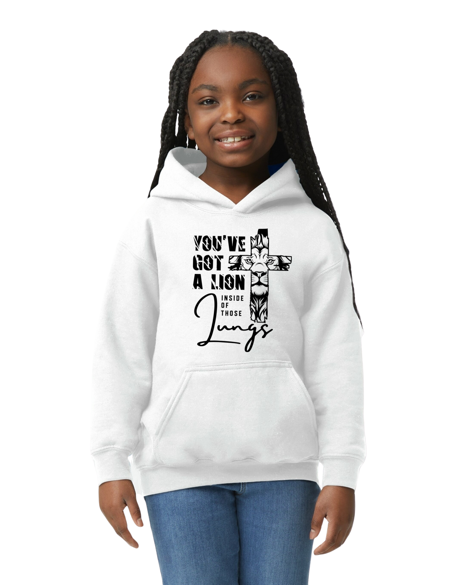 Kid wearing a white hoodie with a graphic design on a white background with the message YOU'VE GOT A LION INSIDE OF THOSE LUNGS