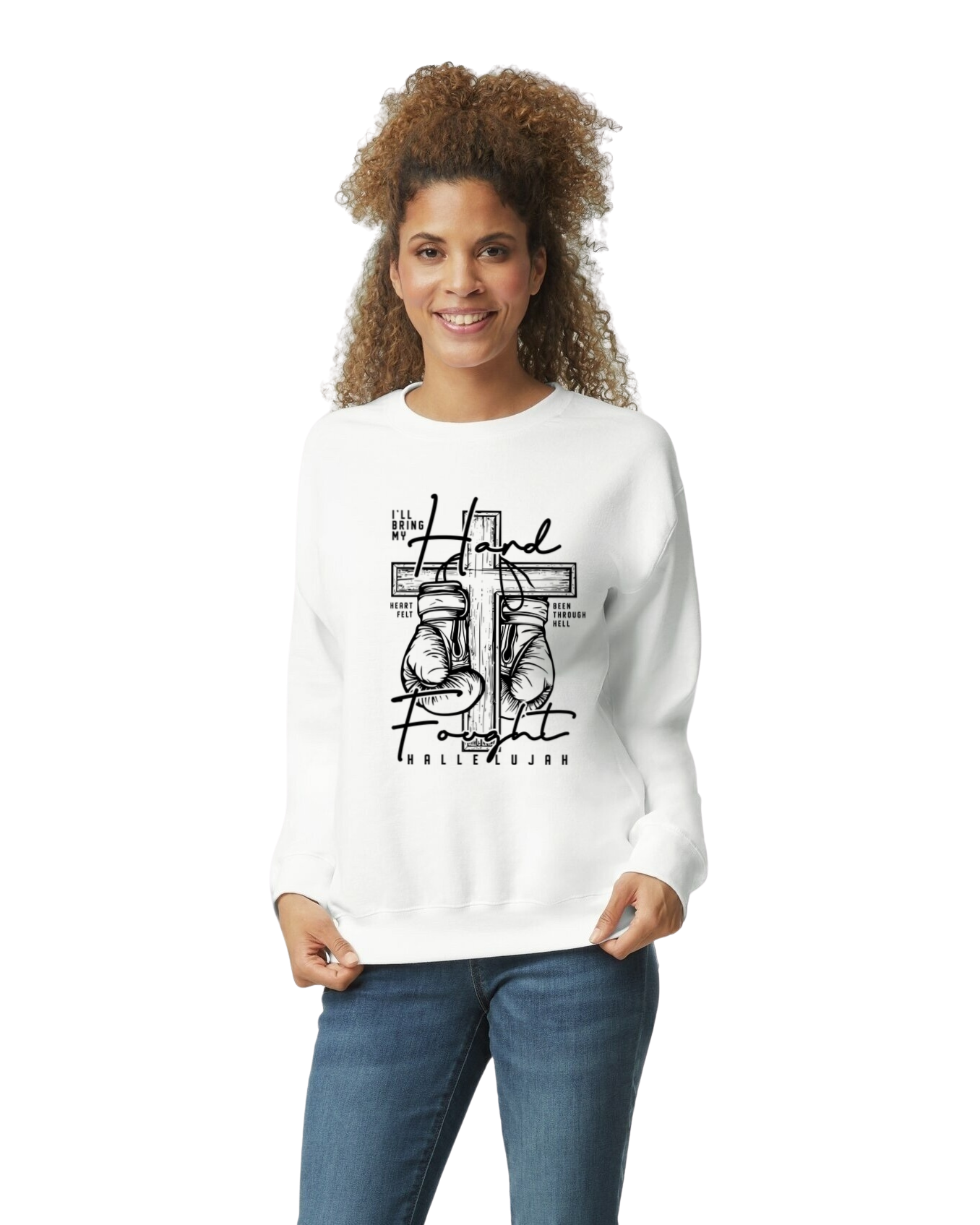 Woman wearing a white sweatshirt with a graphic design on a white background. Hard Fought Hallelujah