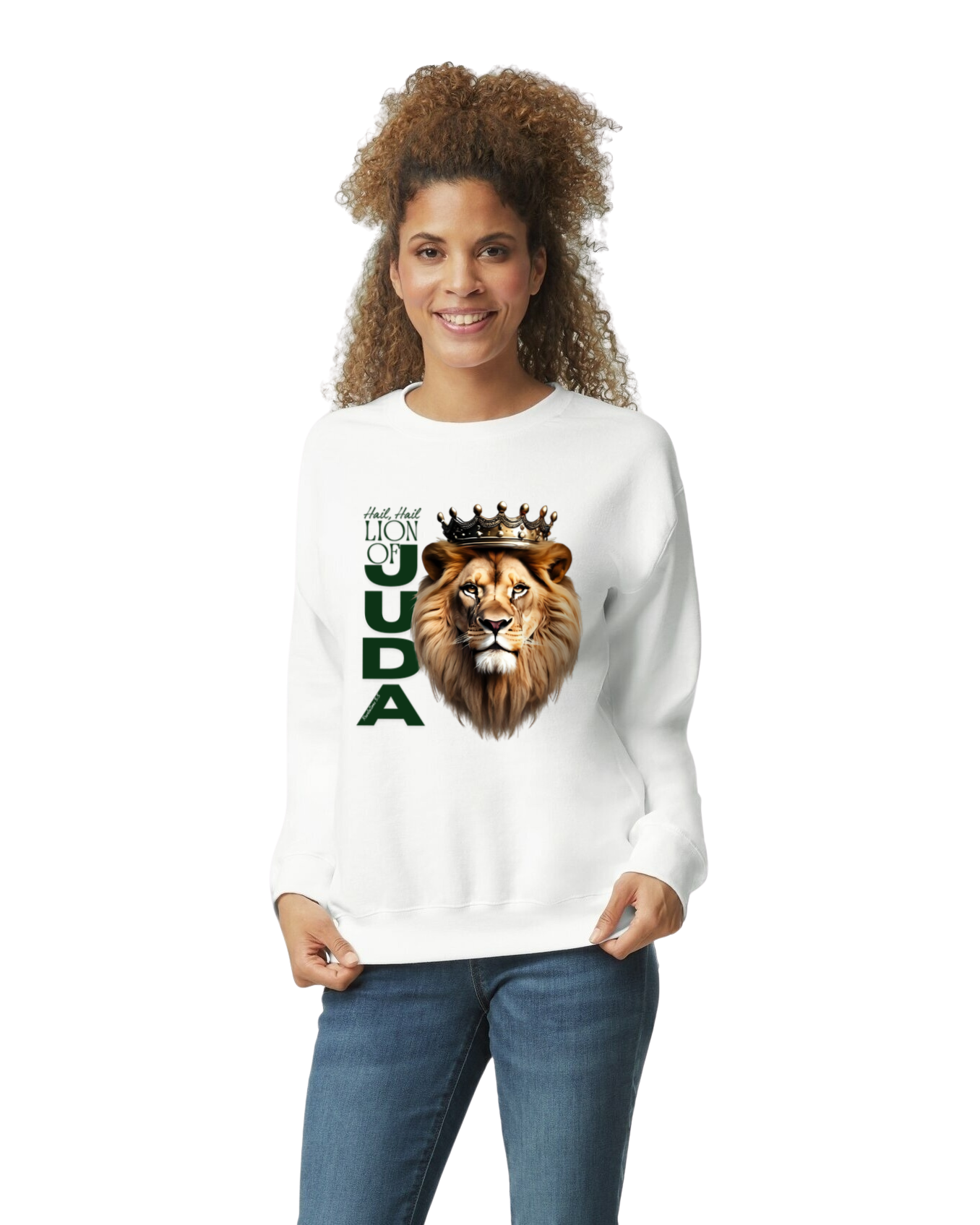 Person wearing a white sweatshirt with a lion graphic and text on a white background. LION OF JUDA