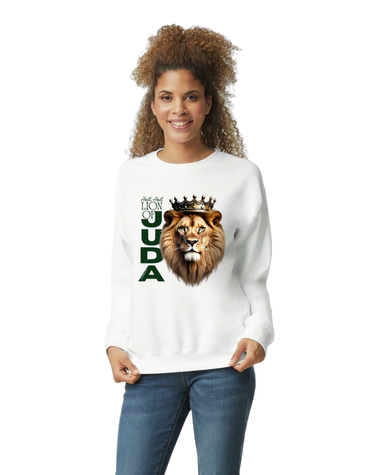 Person wearing a white sweatshirt with a lion graphic and text on a white background. LION OF JUDA