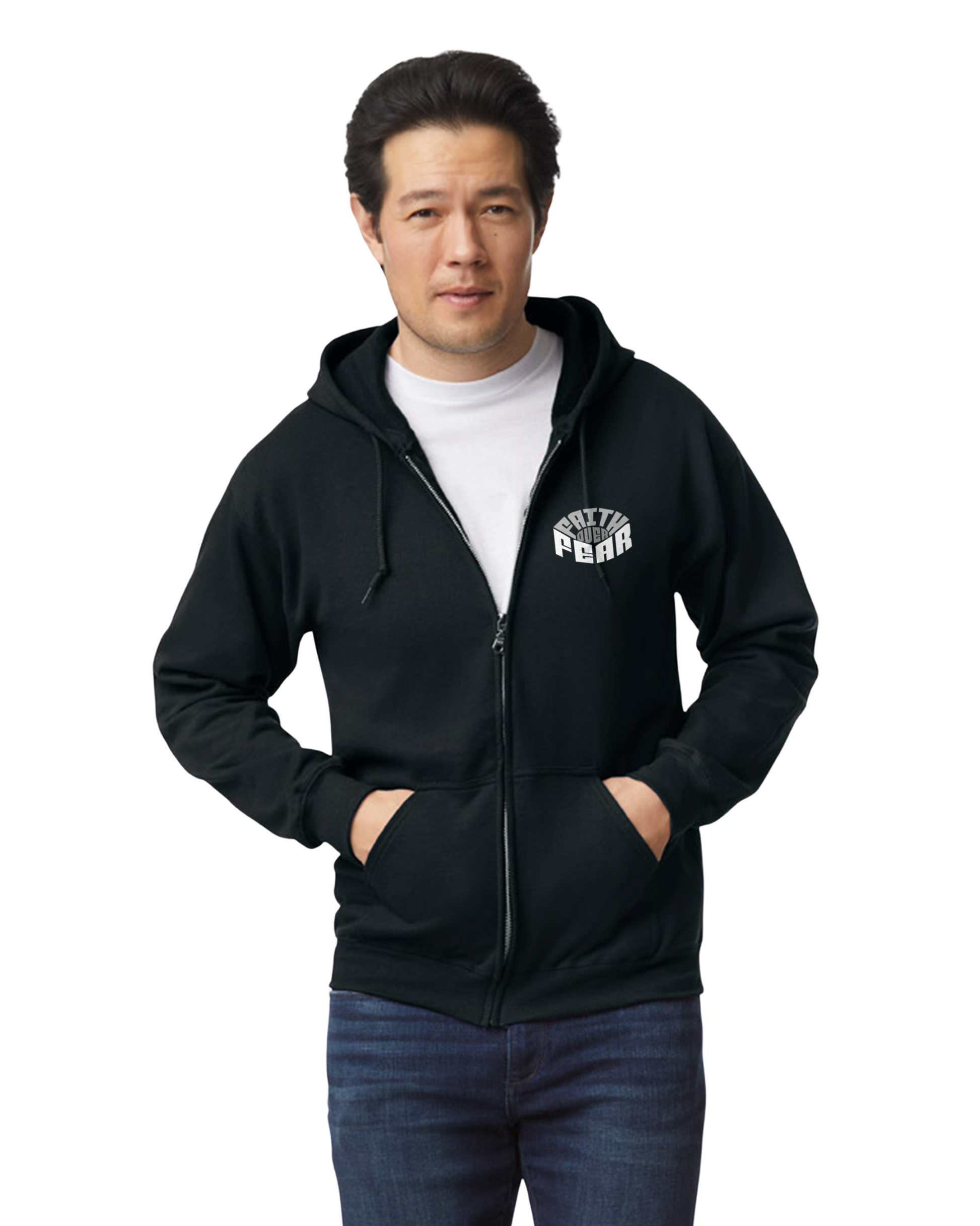 Man wearing a black hoodie with a message Faith Over Fear on a white background
