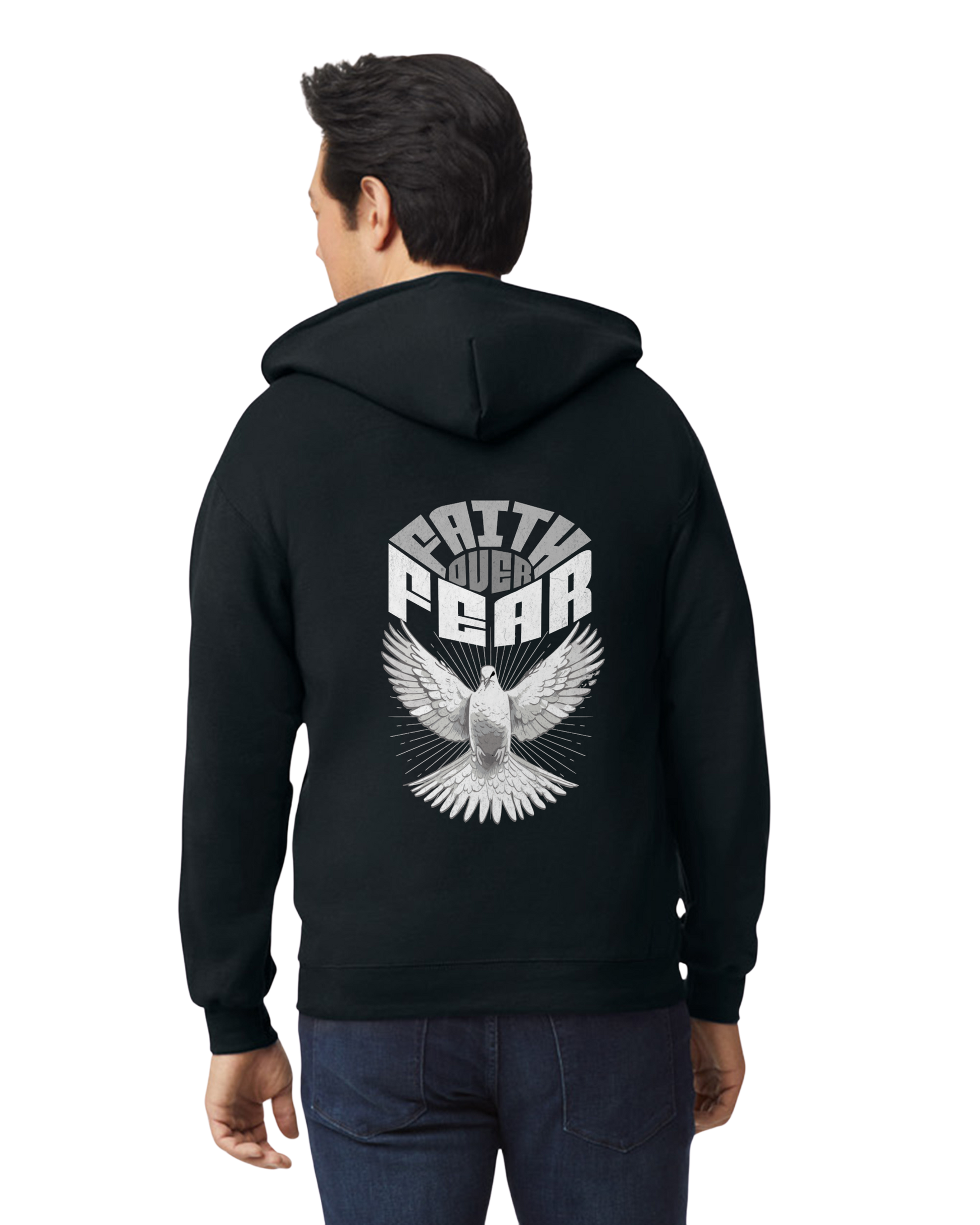 Black hoodie with eagle design and message Faith Over Fear on the back, worn by a person.