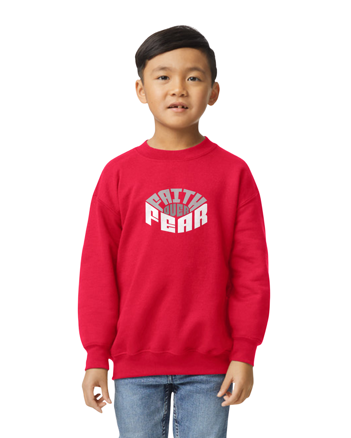 Child wearing a red sweatshirt with message Faith Over Fear on a white background