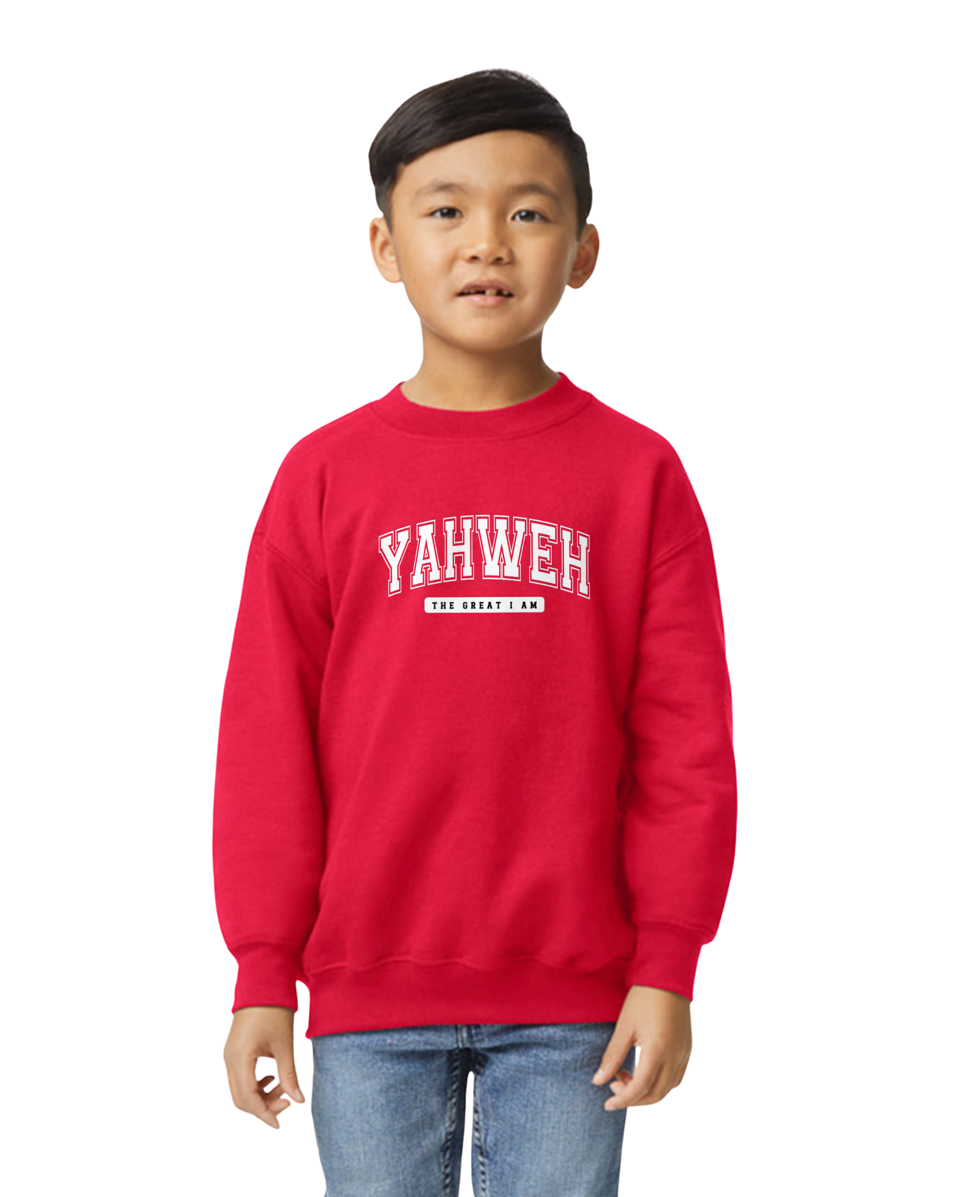 Child wearing a red sweatshirt with 'YAHWEH' printed on it against a white background
