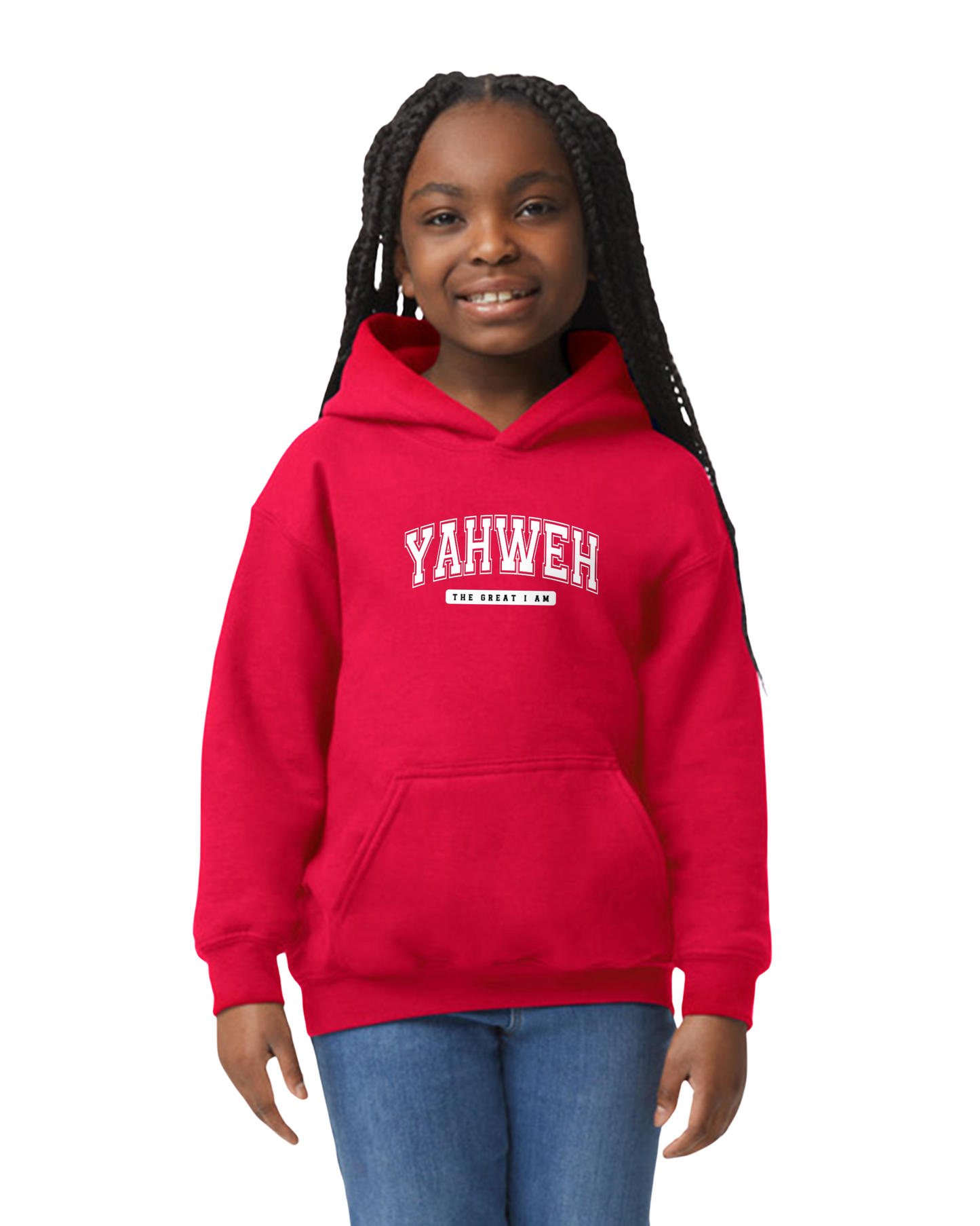 Child wearing a red hoodie with 'YAHWEH' printed on it against a white background