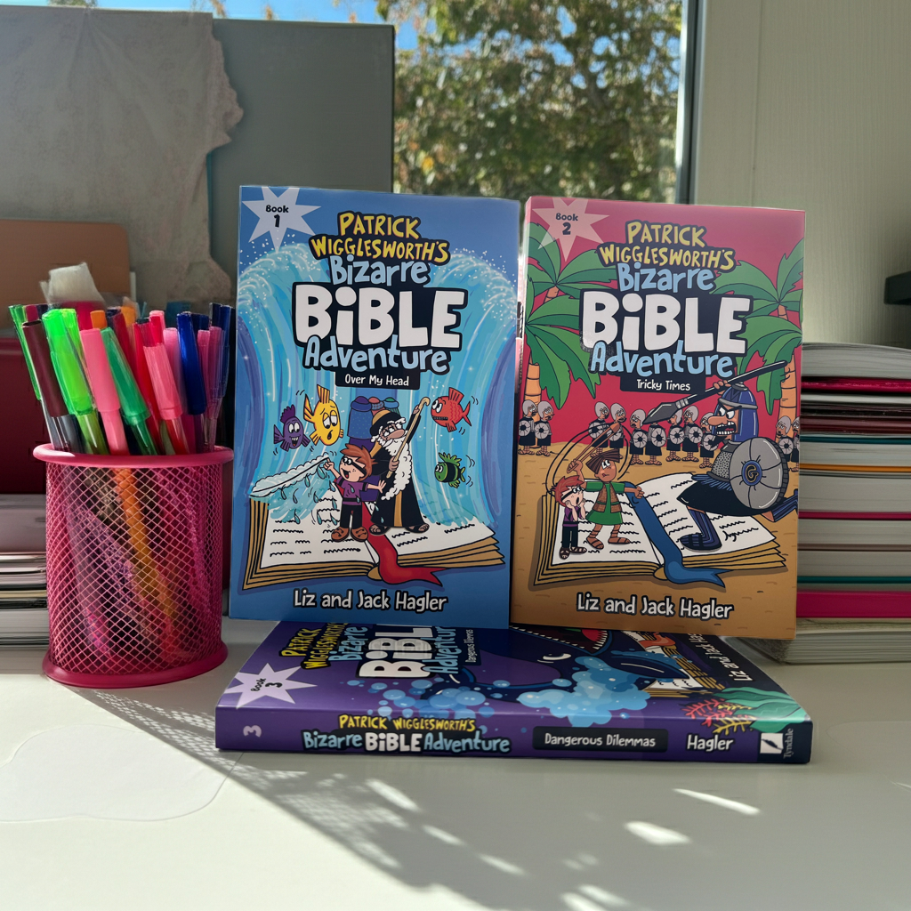 Bizarre Bible Adventures Bundle – Complete Set (Books 1–3) | Patrick Wigglesworth Christian Comic Journal for Kids Ages 7–12. Complete 3-book Bizarre Bible Adventures Bundle stacked – Christian comic journal set for kids ages 7–12 by Patrick Wigglesworth