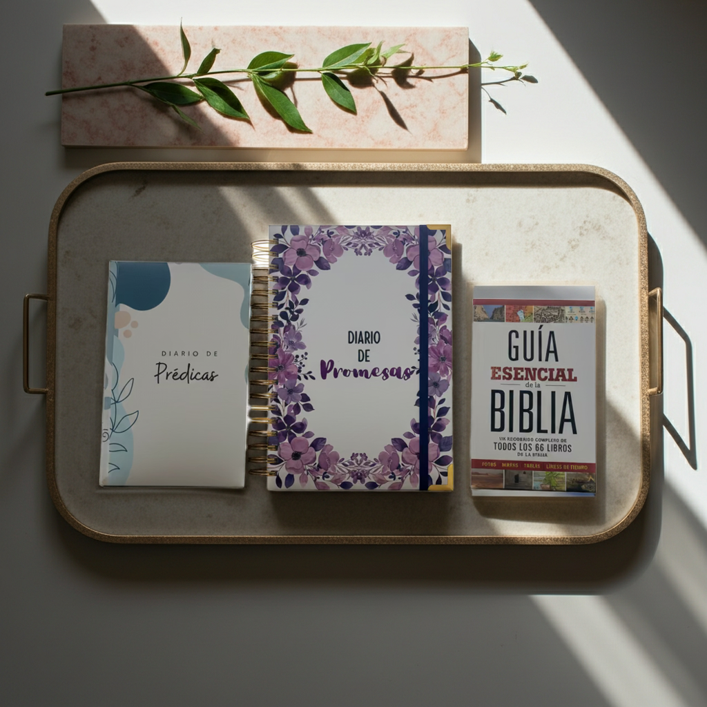 Ministry Leader Bundle – Spanish Edition | Devotional Journal, Preaching Notebook & Bible Study Guide. Second AI-generated promotional view of the Ministry Leader Bundle Spanish Edition – Spanish Christian gift set for pastors and ministry leaders by Kairos Creations