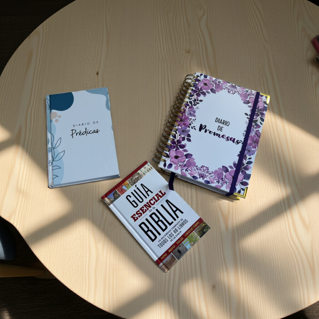 Ministry Leader Bundle – Spanish Edition | Devotional Journal, Preaching Notebook & Bible Study Guide. AI-generated promotional image of the Ministry Leader Bundle Spanish Edition – Spanish Christian devotional journal, preaching notebook, and Bible study guide for ministry leaders and pastors by Kairos Creations